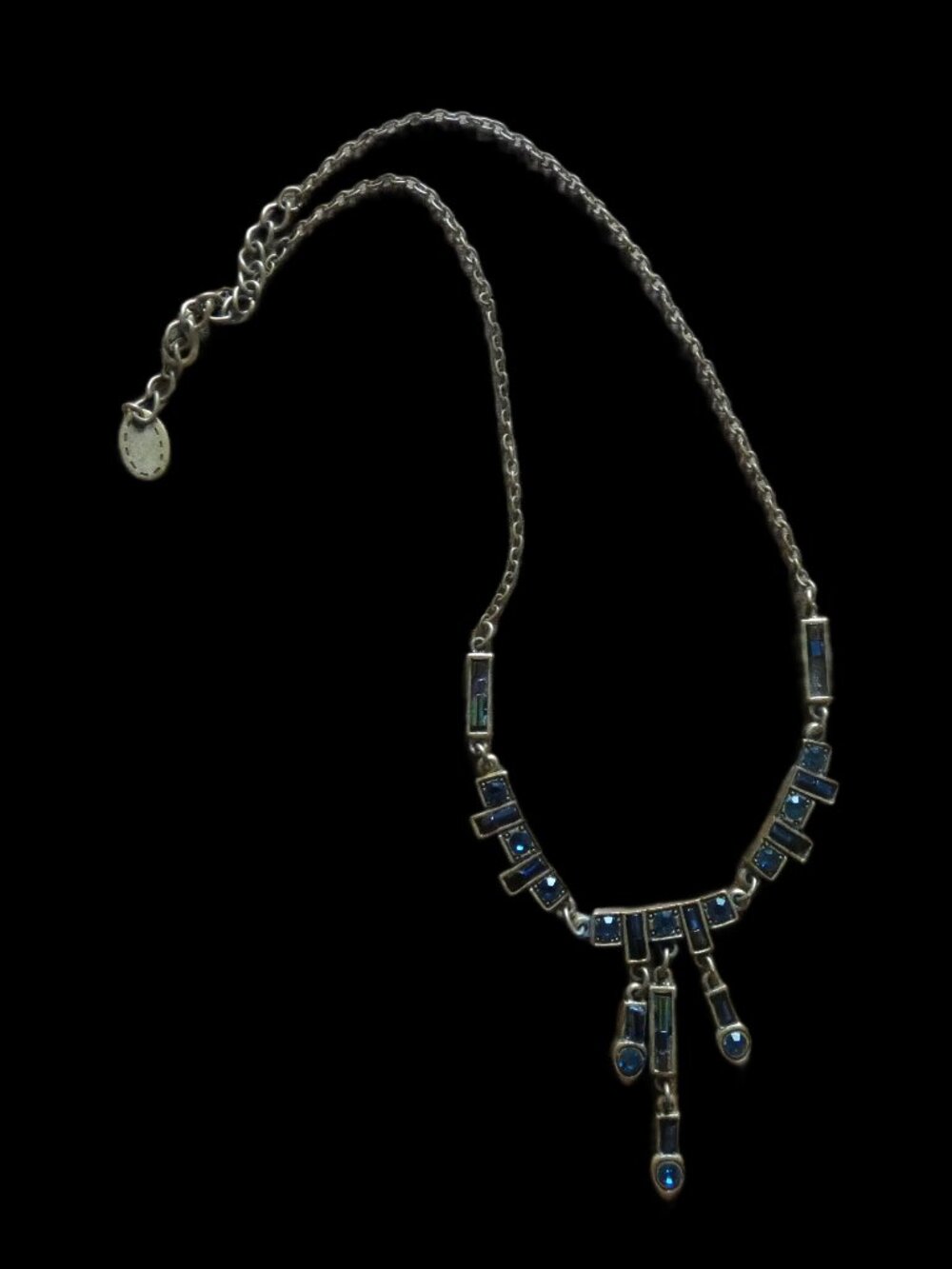 Vintage Art Deco Gold Tone Blue Crystal Dangle Drop Necklace